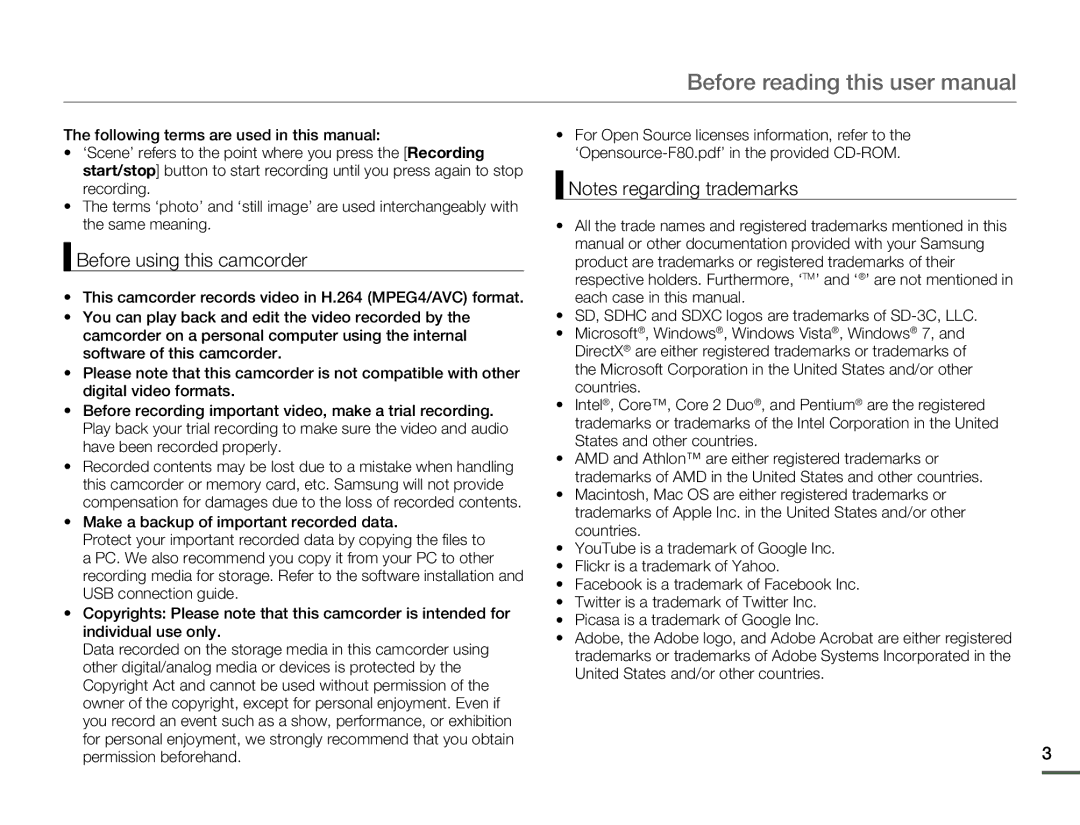 Samsung HMX-F80BN user manual Before using this camcorder 