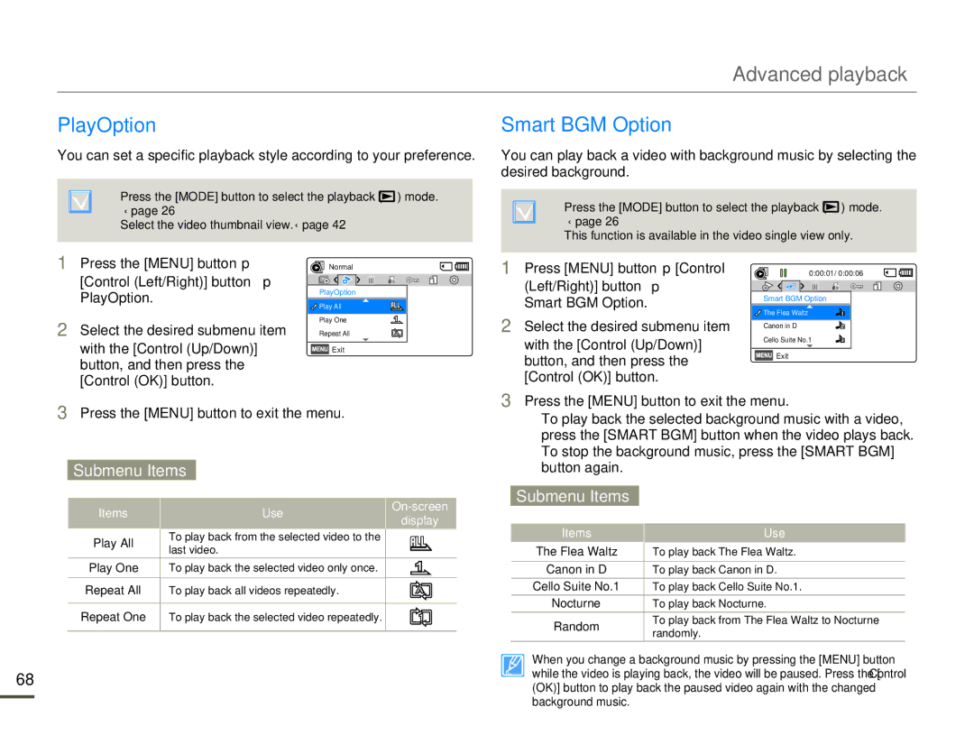 Samsung HMX-F80BN user manual Advanced playback, PlayOption, Smart BGM Option 