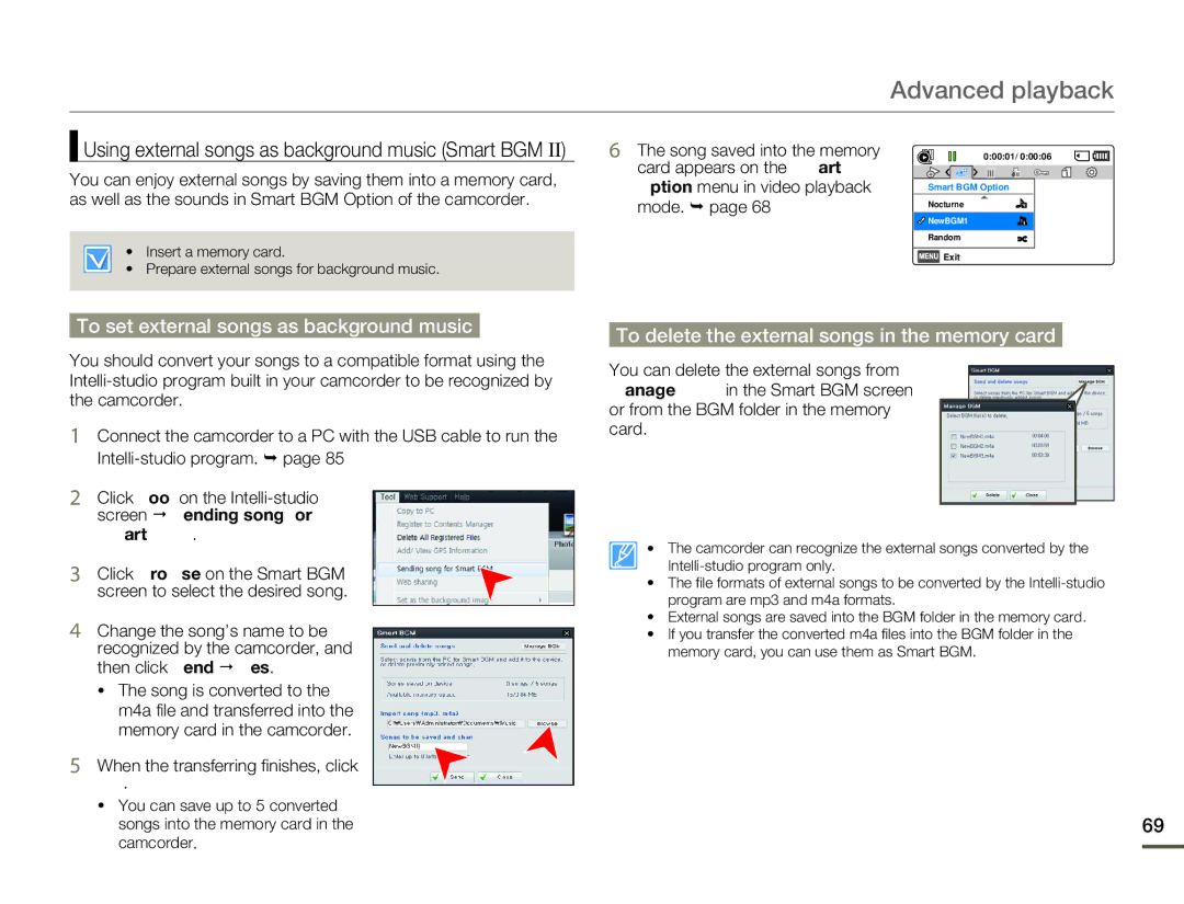 Samsung HMX-F80BN To set external songs as background music, To delete the external songs in the memory card, Mode. ¬ 