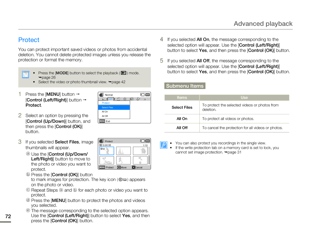 Samsung HMX-F80BN user manual Protect, If you selected Select Files, image, Thumbnails will appear 