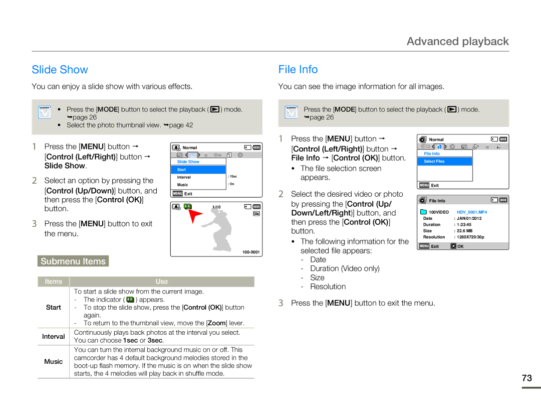 Samsung HMX-F80BN user manual Slide Show File Info 