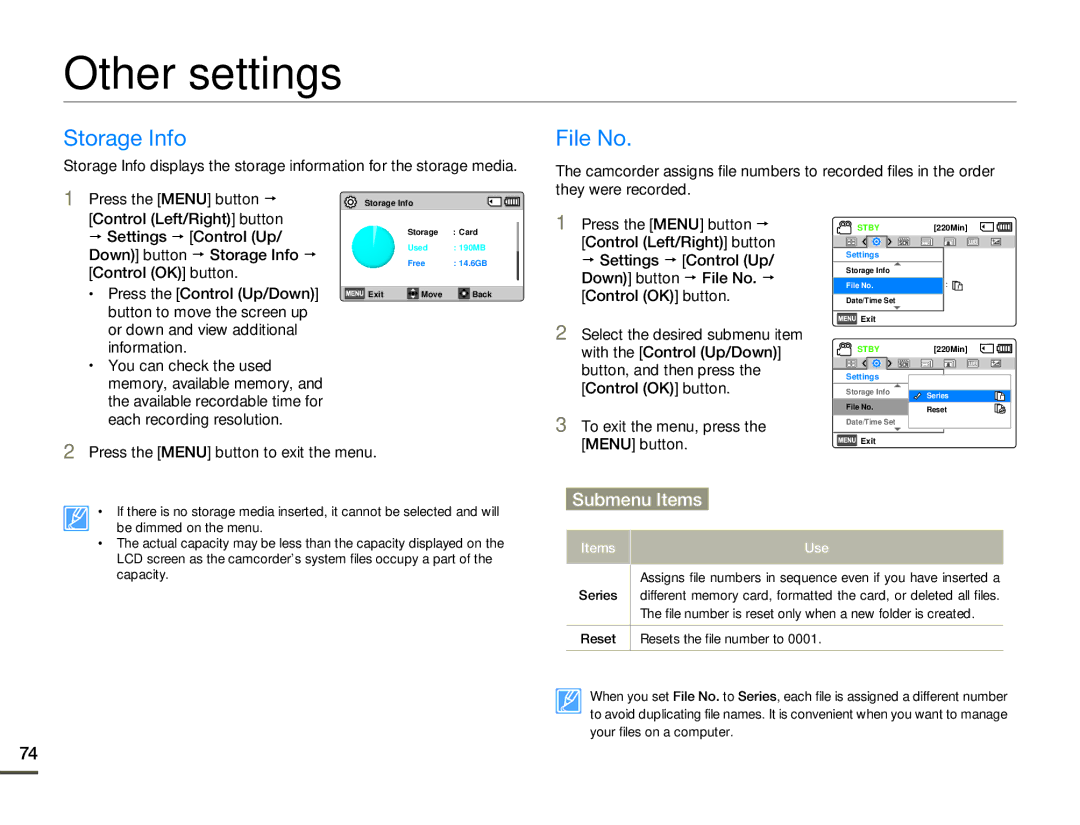 Samsung HMX-F80BN user manual Other settings, Storage Info, File No 