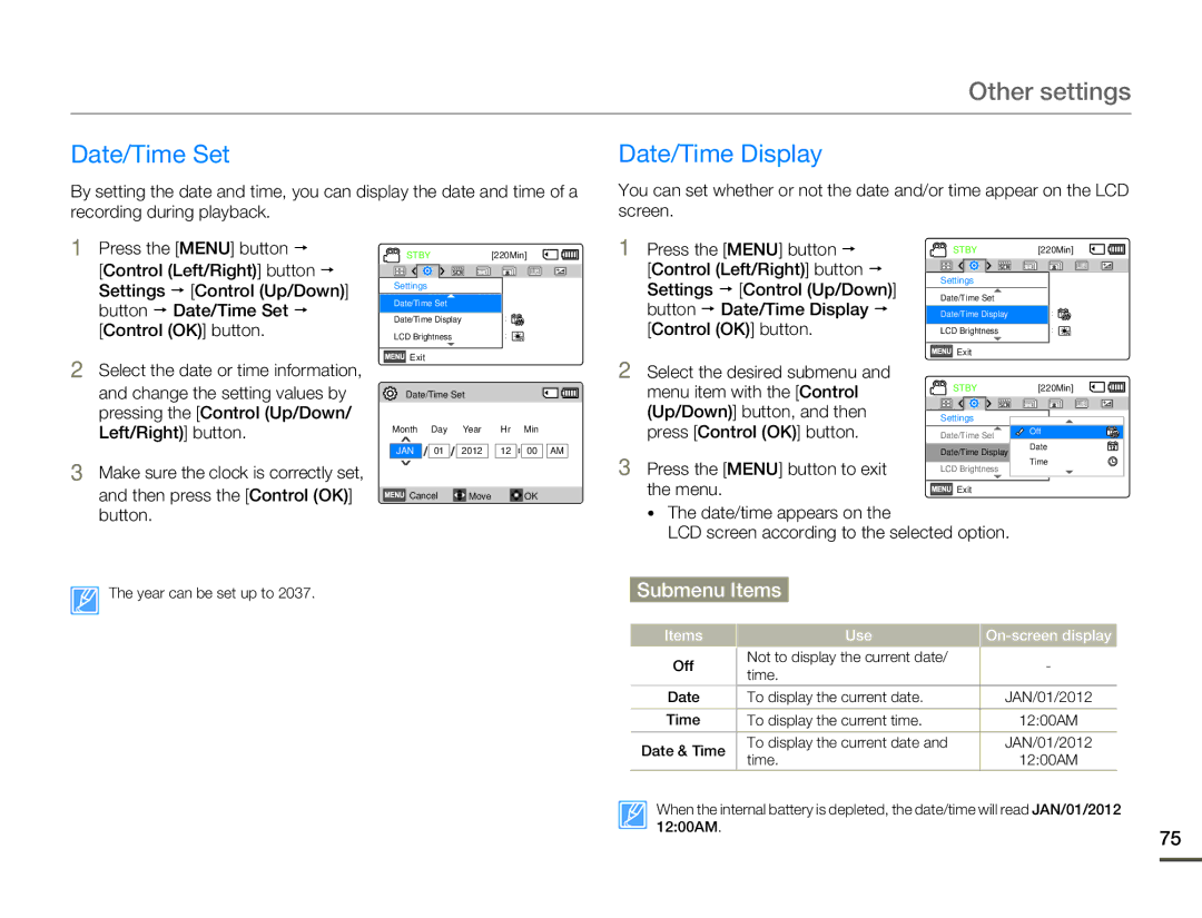 Samsung HMX-F80BN user manual Other settings, Date/Time Set, Date/Time Display 