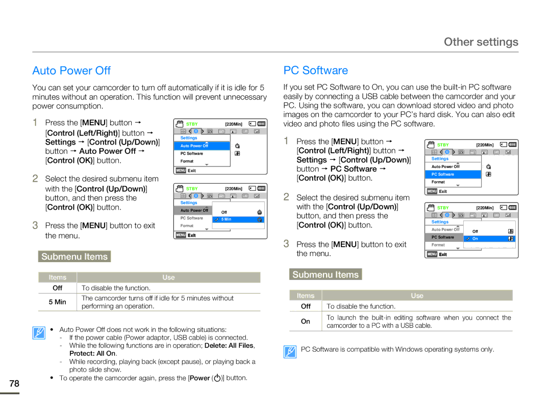 Samsung HMX-F80BN Auto Power Off PC Software, Video and photo files using the PC software, Button p Auto Power Off p 