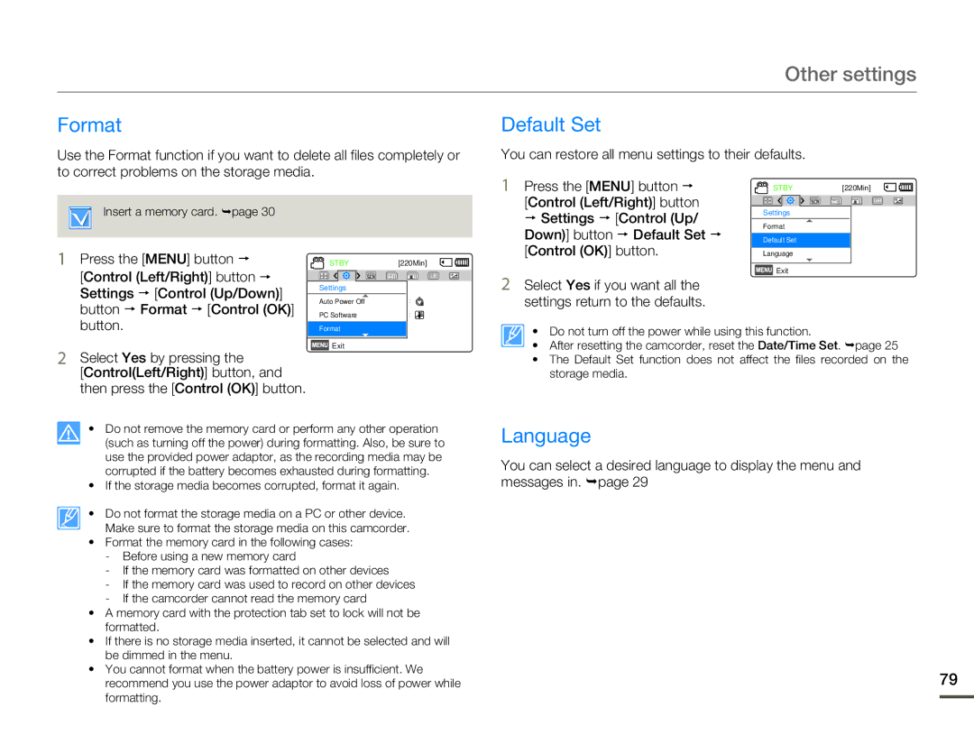 Samsung HMX-F80BN user manual Default Set, Language, Button.Format 