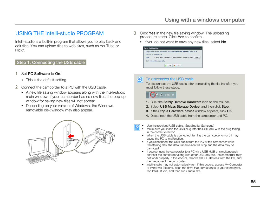 Samsung HMX-F80BN user manual Using with a windows computer, Using the Intelli-studio Program, Connecting the USB cable 