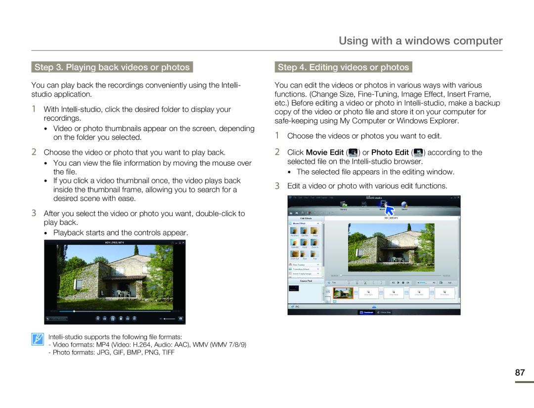 Samsung HMX-F80BN user manual Playing back videos or photos, Editing videos or photos 