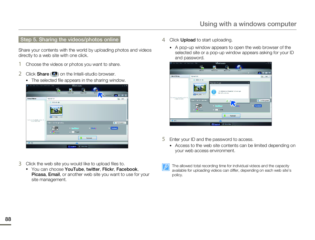 Samsung HMX-F80BN user manual Sharing the videos/photos online 