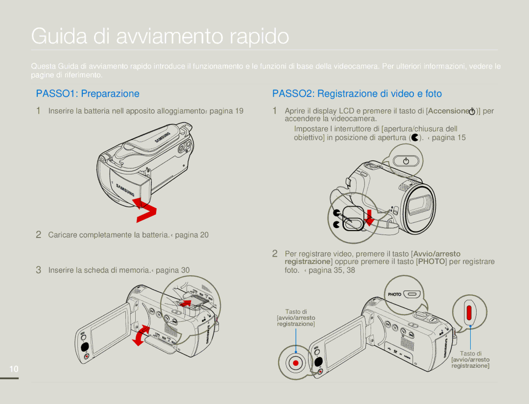 Samsung HMX-F80BP/EDC Guida di avviamento rapido, Accendere la videocamera, Obiettivo in posizione di apertura . ¬pagina 