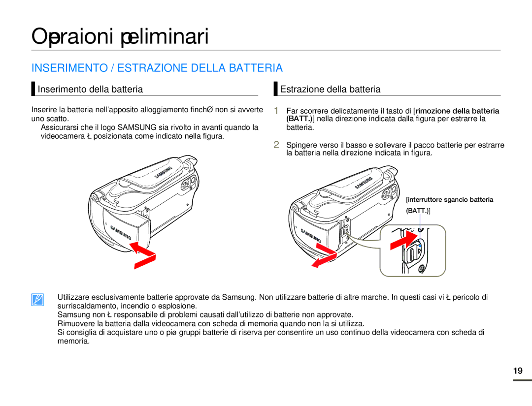 Samsung HMX-F80BP/MEA manual Operazioni preliminari, Inserimento / Estrazione Della Batteria, Inserimento della batteria 