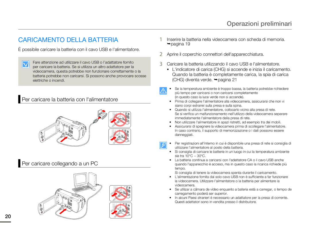 Samsung HMX-F80BP/EDC, HMX-F80BP/MEA manual Operazioni preliminari, Caricamento Della Batteria 