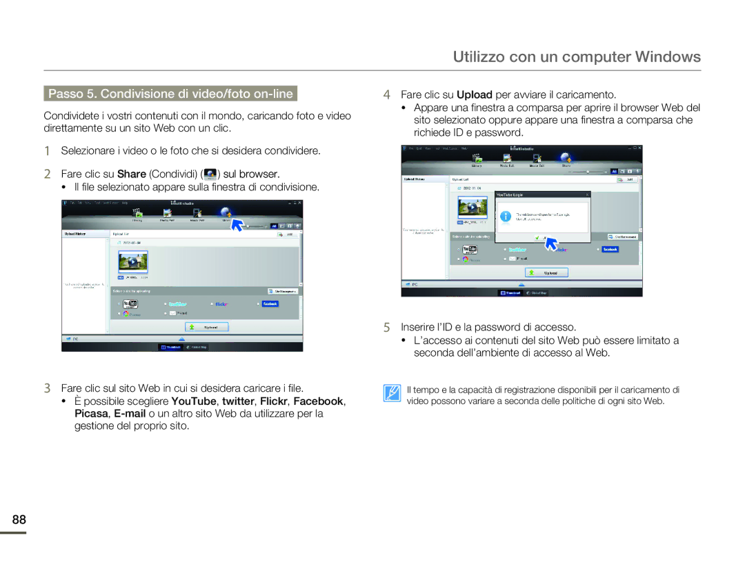 Samsung HMX-F80BP/EDC, HMX-F80BP/MEA manual Passo 5. Condivisione di video/foto on-line 