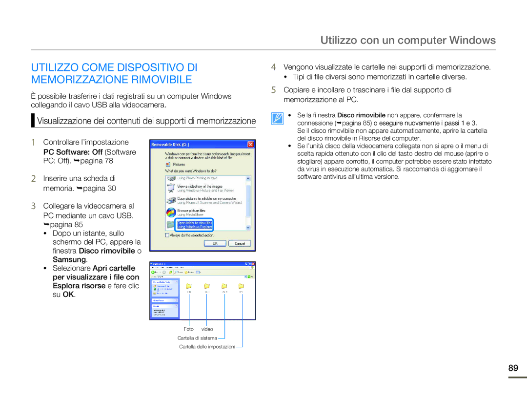 Samsung HMX-F80BP/MEA, HMX-F80BP/EDC manual Utilizzo Come Dispositivo DI Memorizzazione Rimovibile 