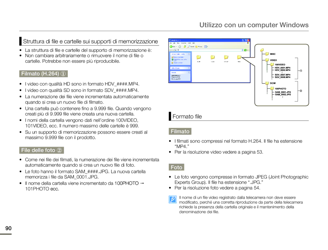 Samsung HMX-F80BP/EDC, HMX-F80BP/MEA manual Filmato H.264 y, File delle foto z, Foto 