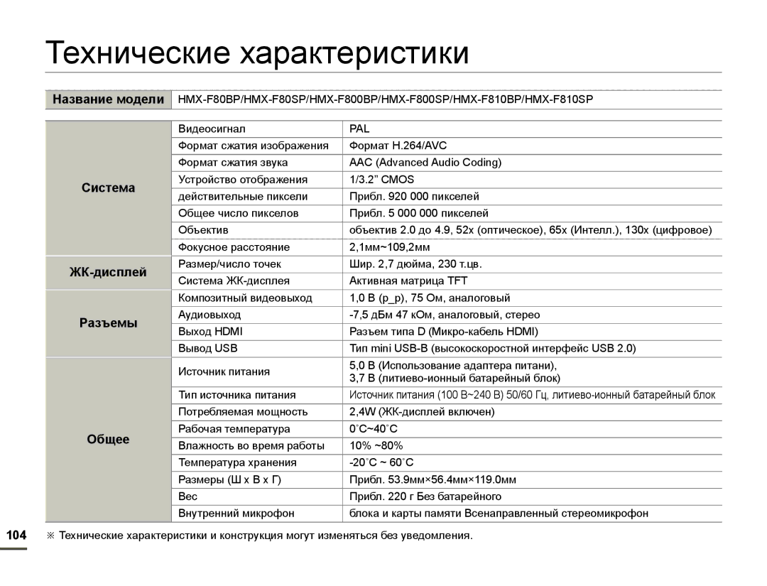 Samsung HMX-F80BP/EDC, HMX-F80BP/XER manual Технические характеристики, Видеосигнал 