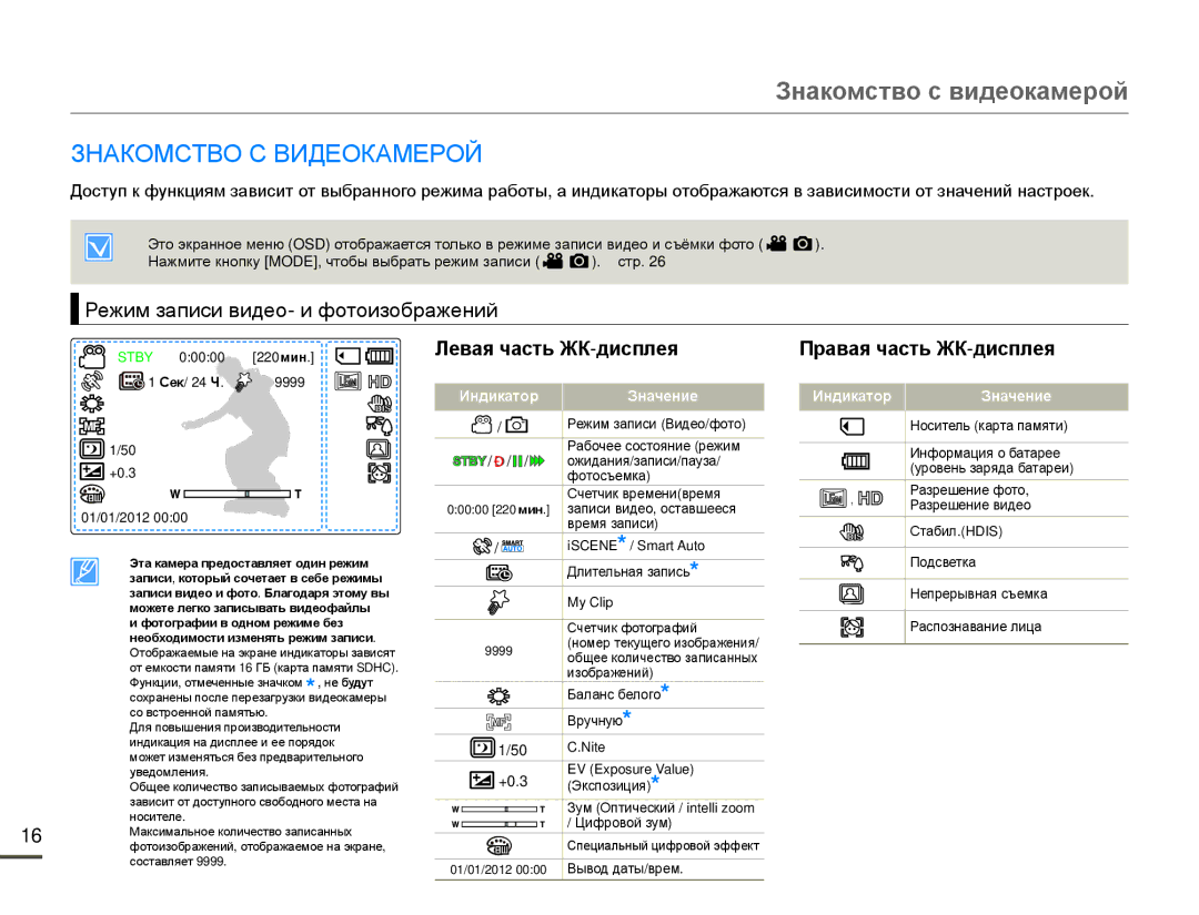Samsung HMX-F80BP/EDC manual Знакомство С Видеокамерой, Режим записи видео- и фотоизображений, Индикатор Значение, +0.3 