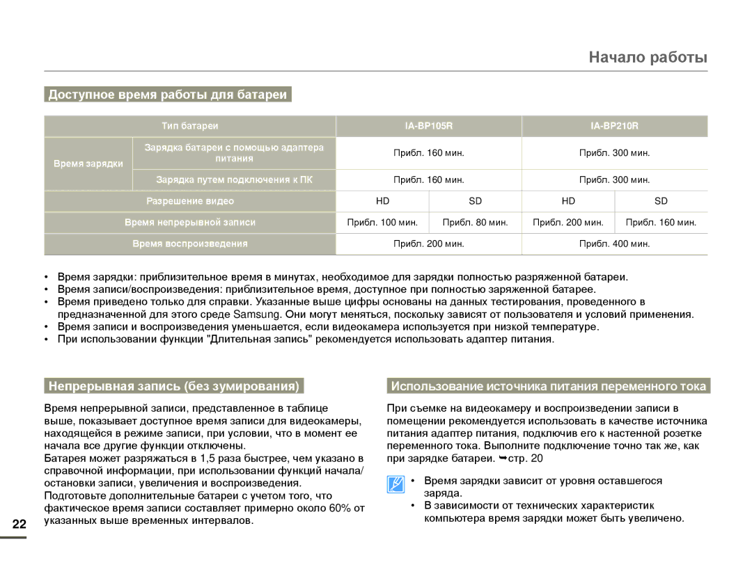 Samsung HMX-F80BP/EDC, HMX-F80BP/XER manual Доступное время работы для батареи, Непрерывная запись без зумирования 