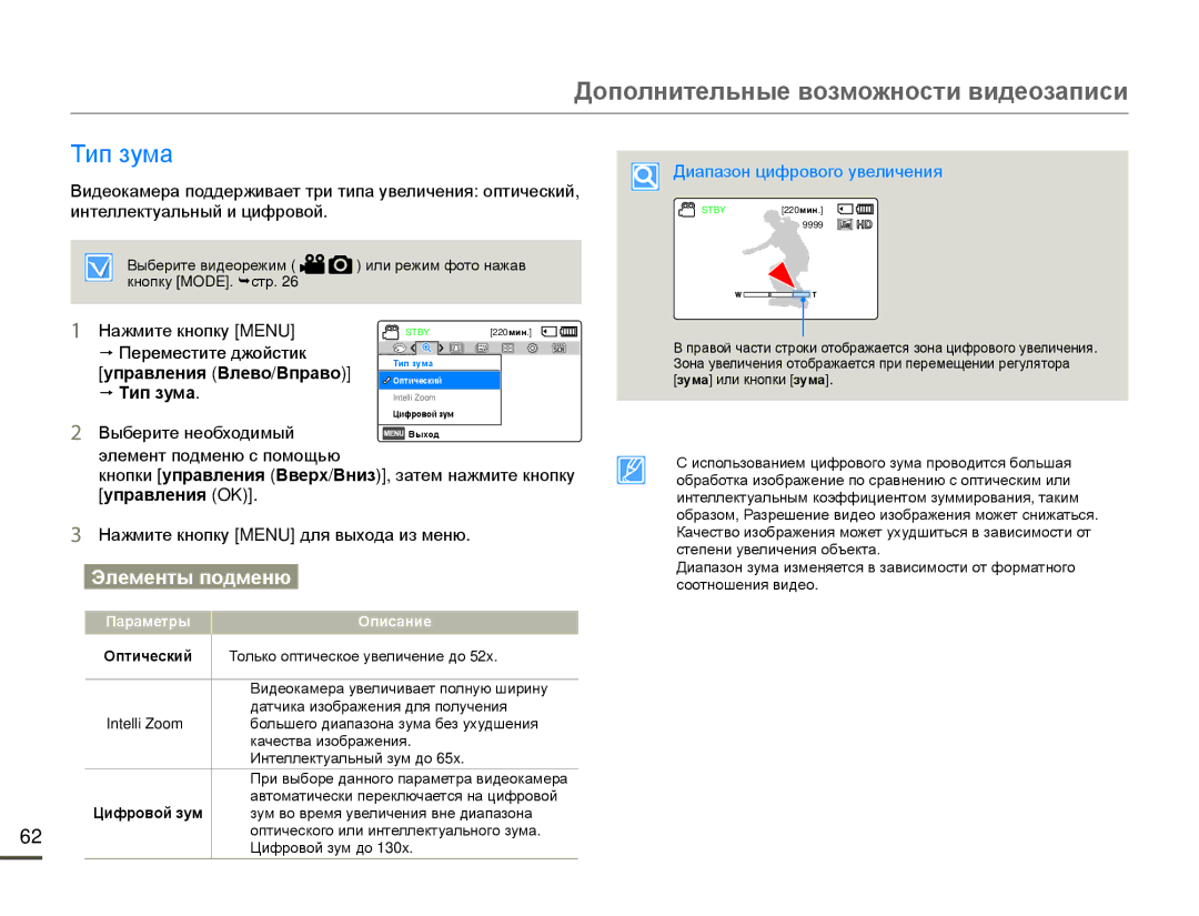 Samsung HMX-F80BP/EDC, HMX-F80BP/XER manual Тип зума, Диапазон цифрового увеличения 