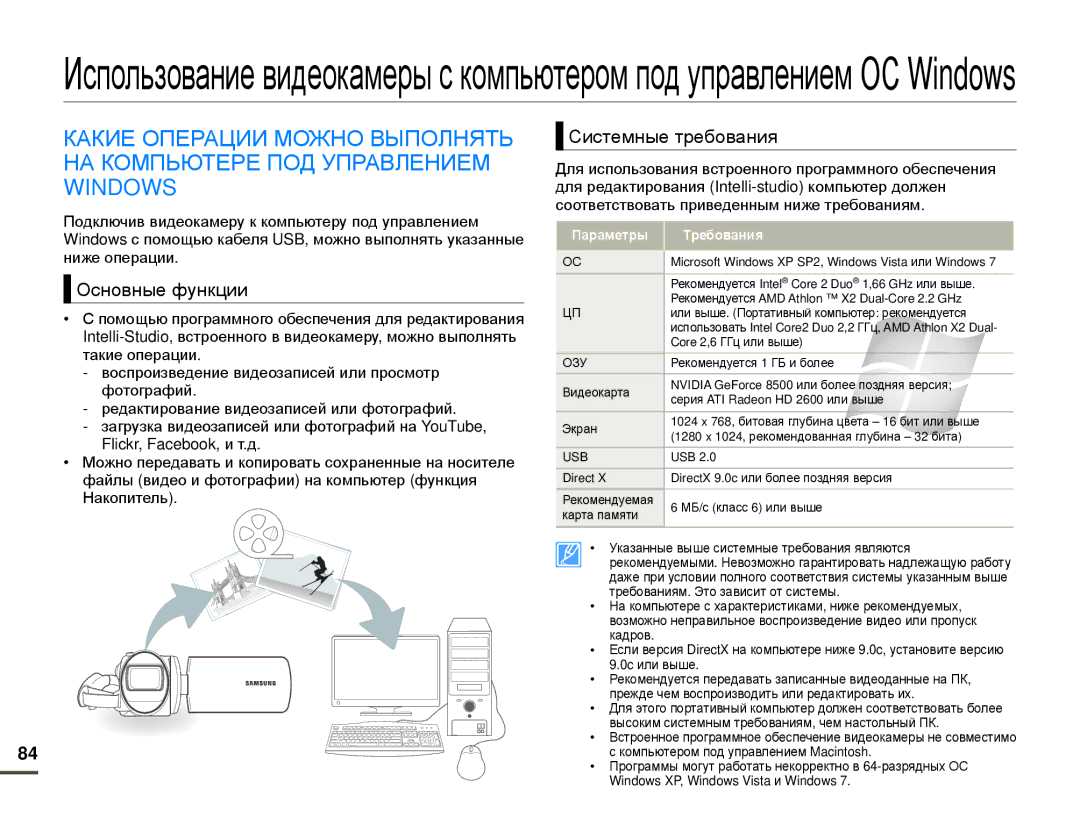 Samsung HMX-F80BP/EDC, HMX-F80BP/XER manual Основные функции, Системные требования, Параметры Требования 