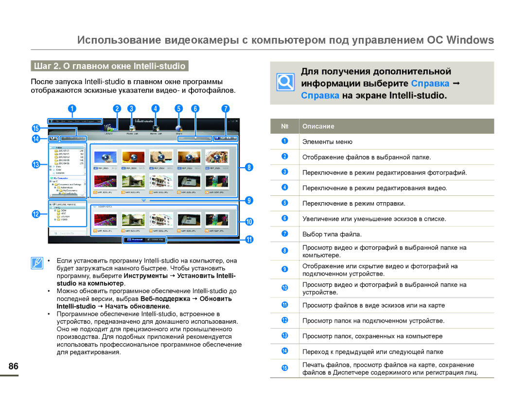 Samsung HMX-F80BP/EDC manual Шаг 2. О главном окне Intelli-studio, Studio на компьютер, Intelli-studio € Начать обновление 