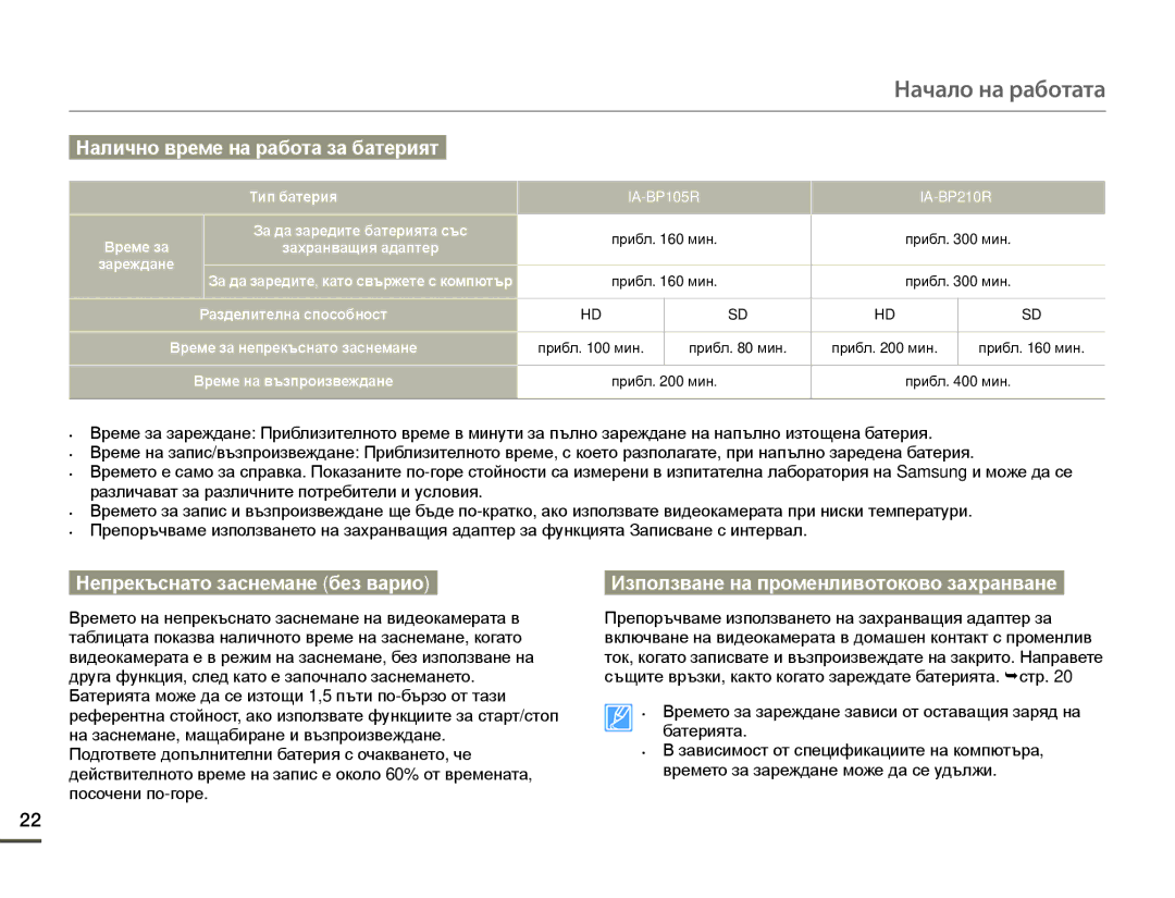 Samsung HMX-F80BP/EDC manual Налично време на работа за батерият, Непрекъснато заснемане без варио, Тип батерия 