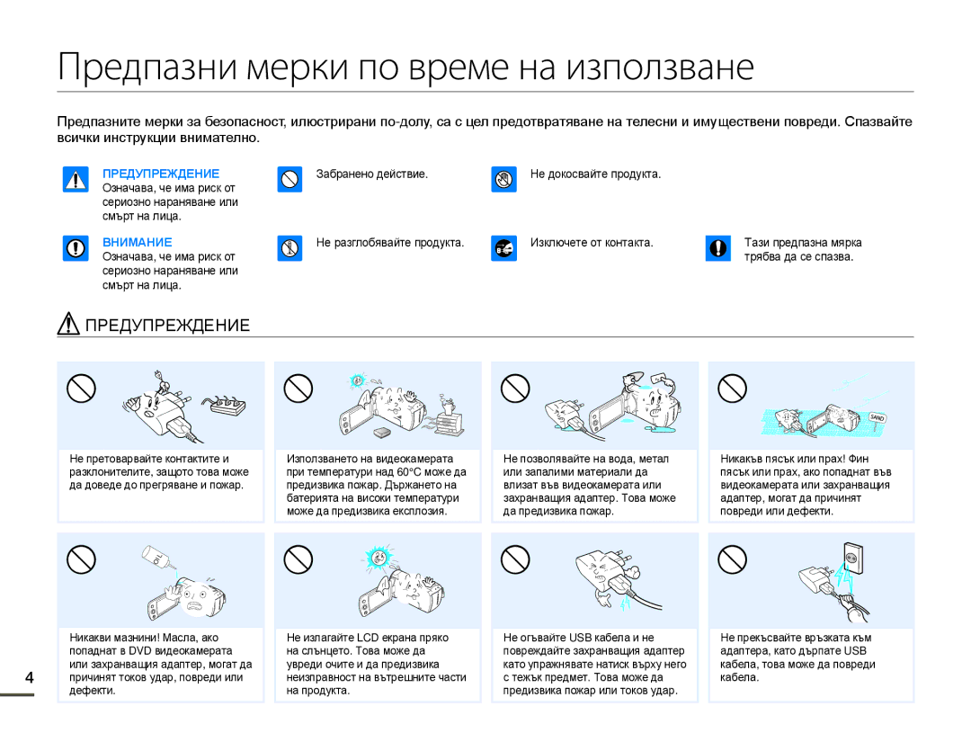 Samsung HMX-F80BP/EDC manual Предпазни мерки по време на използване, Предупреждение 