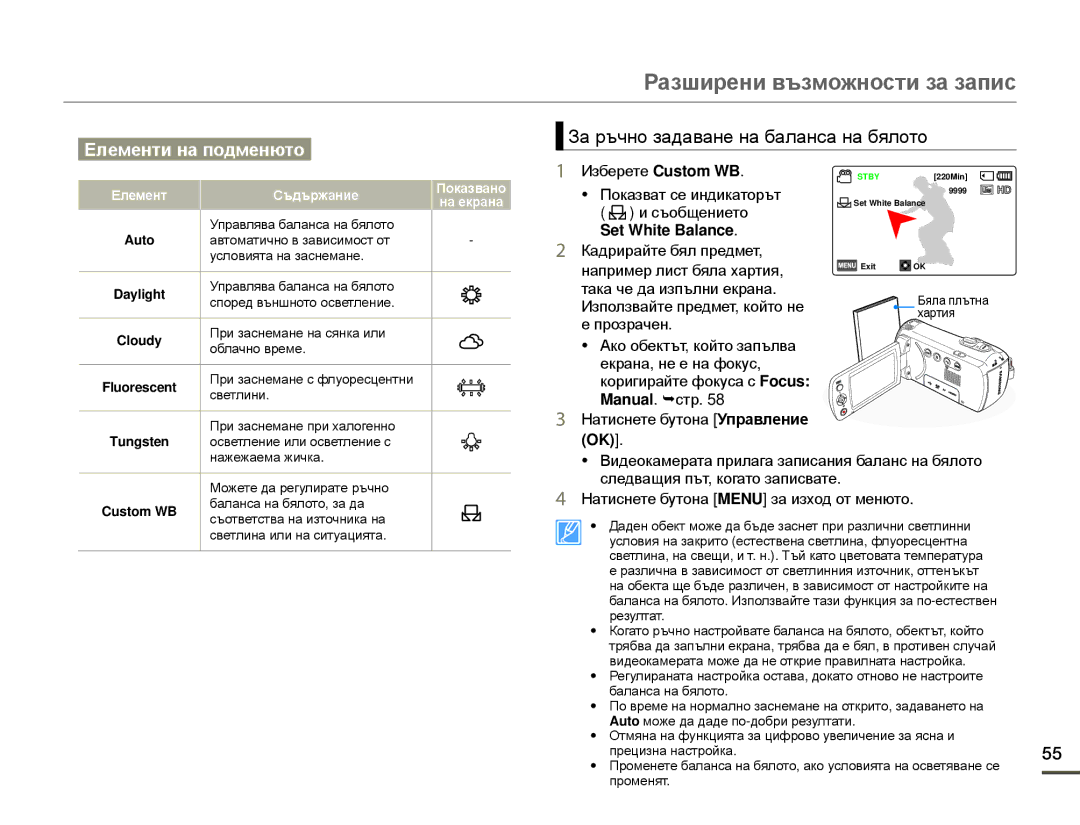 Samsung HMX-F80BP/EDC manual За ръчно задаване на баланса на бялото, Set White Balance 