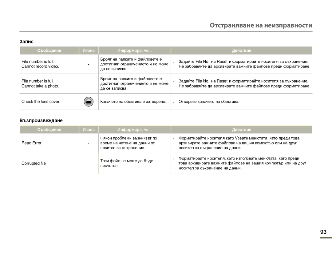 Samsung HMX-F80BP/EDC manual Възпроизвеждане, Икона Информира, че 