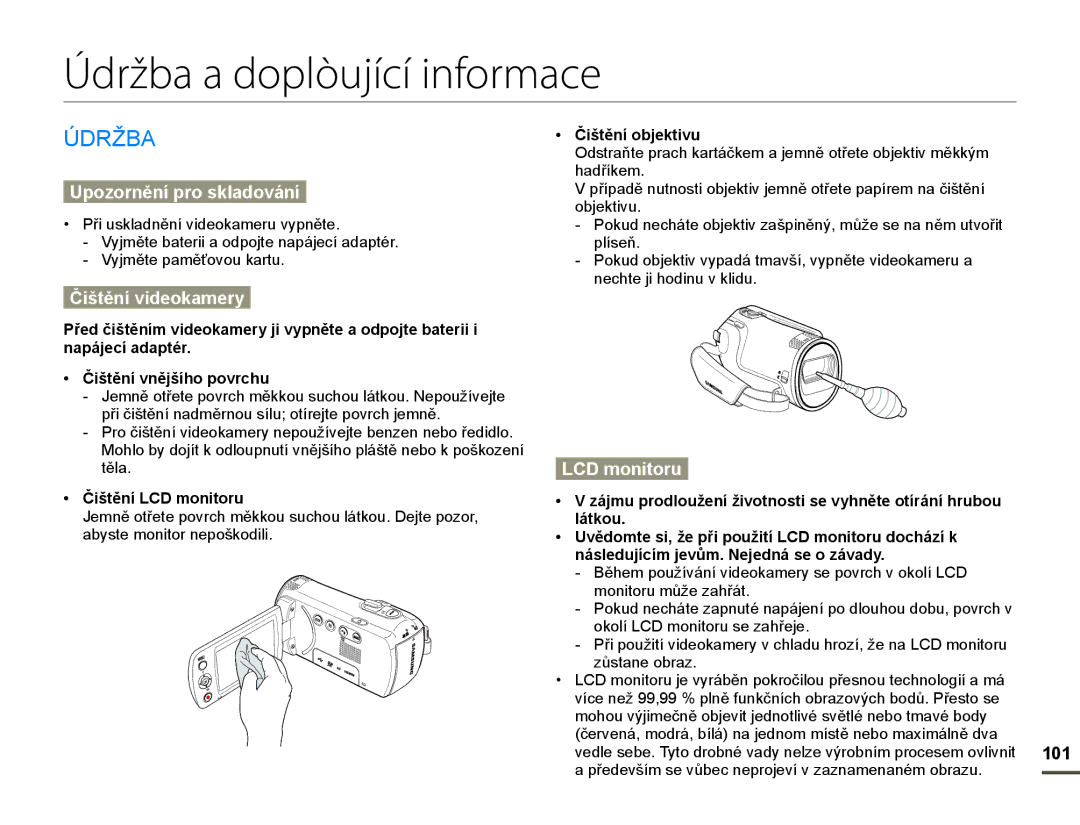 Samsung HMX-F80BP/EDC Údržba a doplòující informace, ÒD5ä%$, Upozornění pro skladování, Čištění videokamery, LCD monitoru 