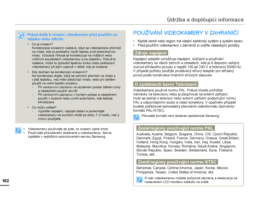 Samsung HMX-F80BP/EDC manual Údržba a doplòující informace, 328äËVÈ1Ë V,D2.$05 V =$H5$1,ýË 