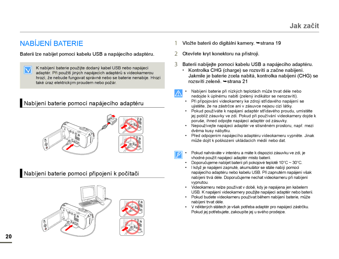 Samsung HMX-F80BP/EDC manual Jak začít, $%Ë-1Ë %$T5, Aterii lze naEíjet pomocí kaEelu 86% a napájecíKo adaptpru 