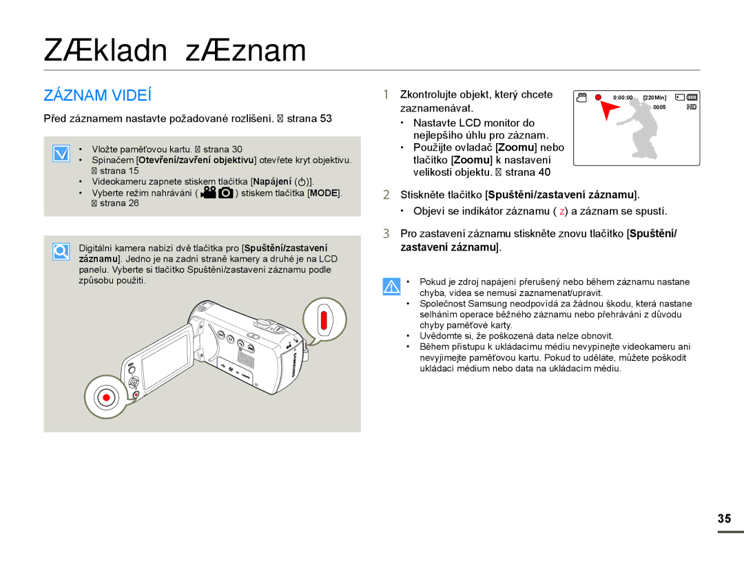 Samsung HMX-F80BP/EDC manual Základní záznam, =È=1$0 V,DË, 3Ĝed záznamem nastaYte poåadoYanp rozliãení. ¬strana 