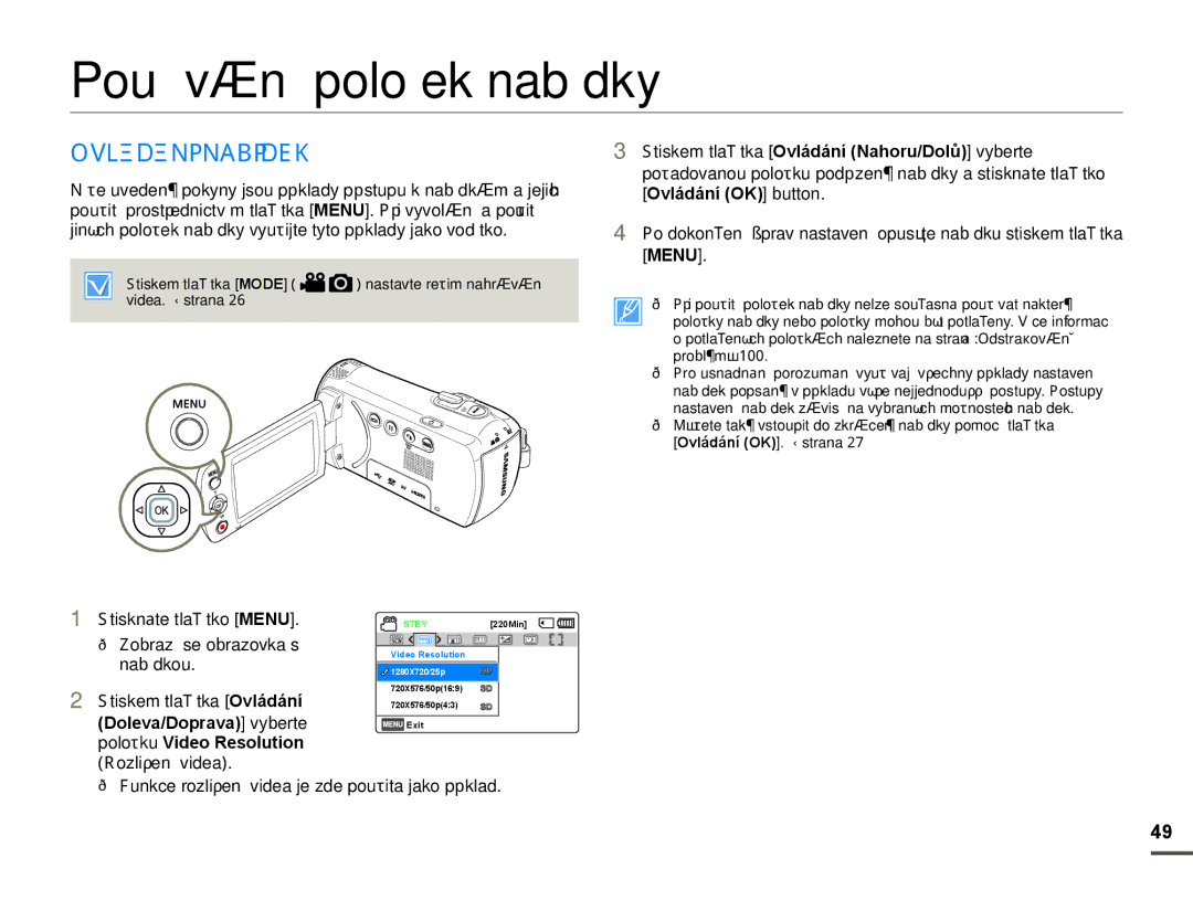 Samsung HMX-F80BP/EDC manual Používání položek nabídky, 2V/ÈDÈ1Ë 1$%ËD, Ovládání OK Eutton 