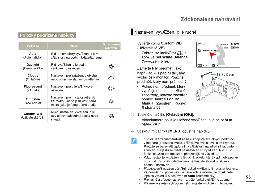 Samsung HMX-F80BP/EDC manual 1astaYení Y\Yáåení Eílp ruþnČ, Eerte YolEu Custom WB 8åiYatelskp V% 