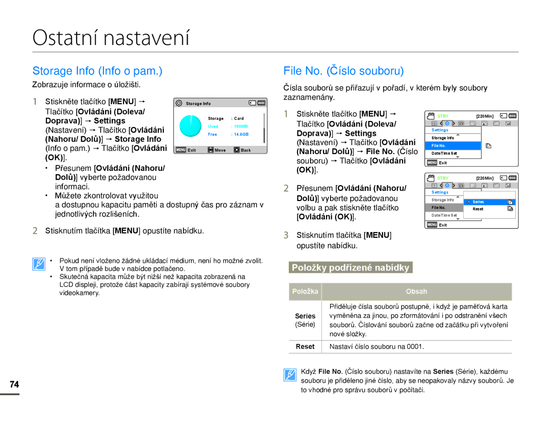 Samsung HMX-F80BP/EDC manual Ostatní nastavení, 6torage ,nIo ,nIo o pam. Ile 1o. ýíslo souEoru, Doprava p Settings 