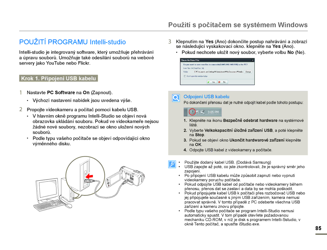 Samsung HMX-F80BP/EDC manual Použití s počítačem se systémem WindoZs, 328ä,TË 352*5$08 ,ntelli-studio, 2dpojení 86% kaEelu 