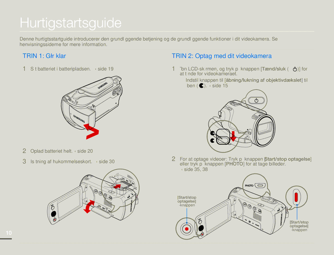 Samsung HMX-F80BP/EDC manual Hurtigstartsguide, Trin 1 Gør klar 