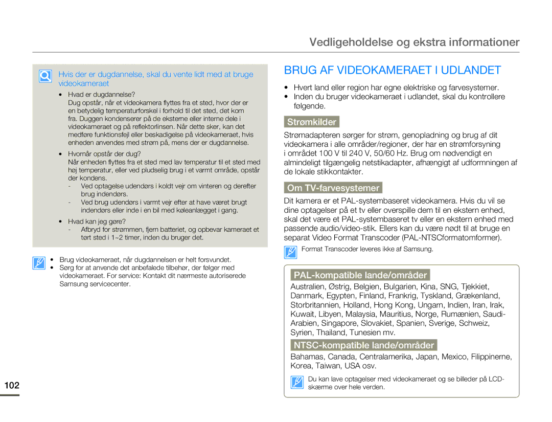 Samsung HMX-F80BP/EDC manual Vedligeholdelse og ekstra informationer, Brug AF Videokameraet I Udlandet 