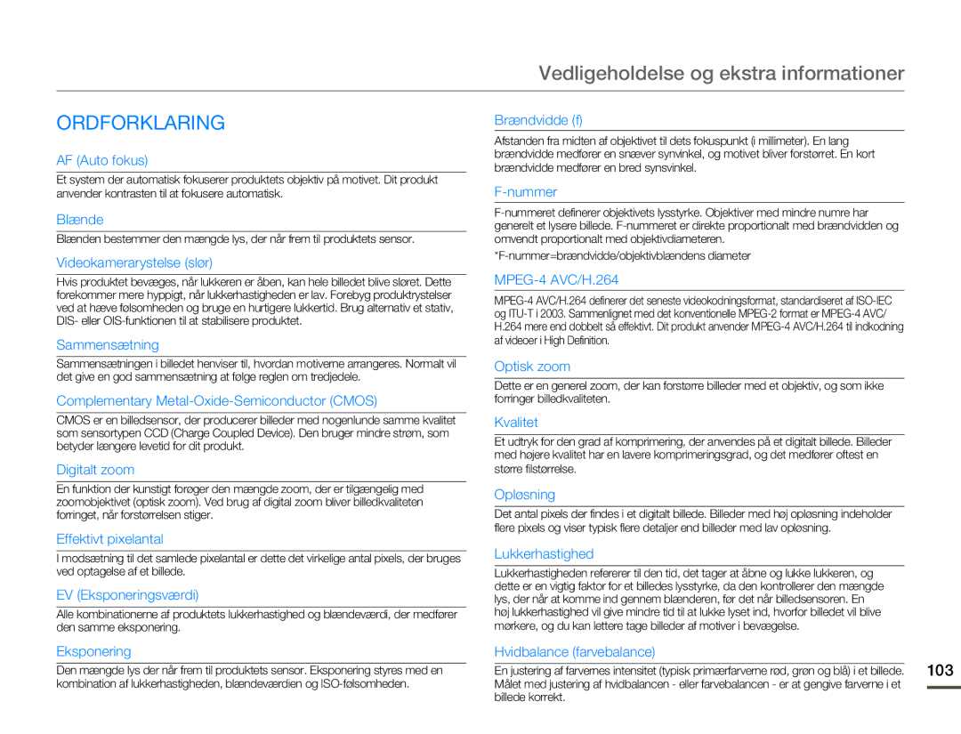 Samsung HMX-F80BP/EDC manual Ordforklaring, 103 