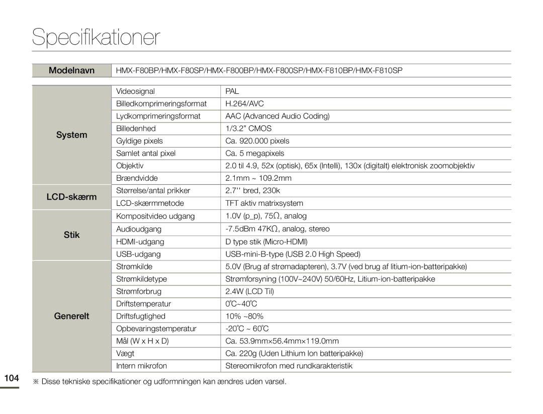 Samsung HMX-F80BP/EDC manual Specifikationer, Modelnavn, System LCD-skærm Stik Generelt, Videosignal 