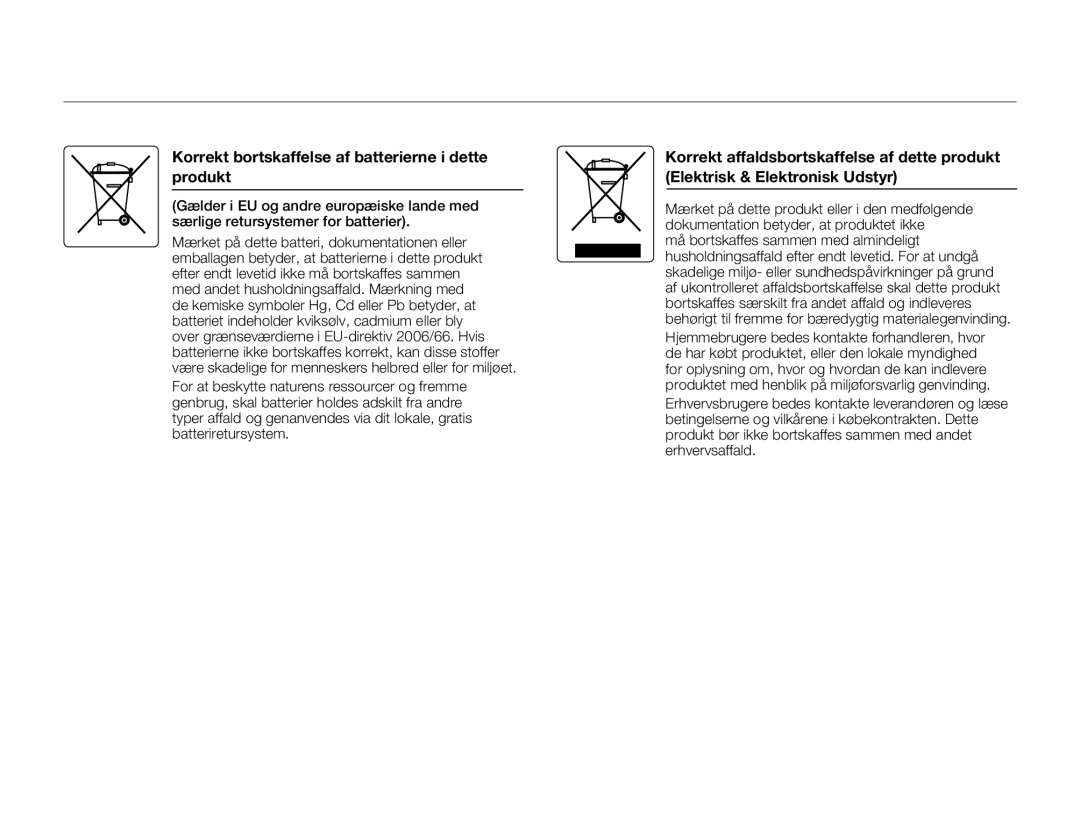 Samsung HMX-F80BP/EDC manual Korrekt bortskaffelse af batterierne i dette produkt 