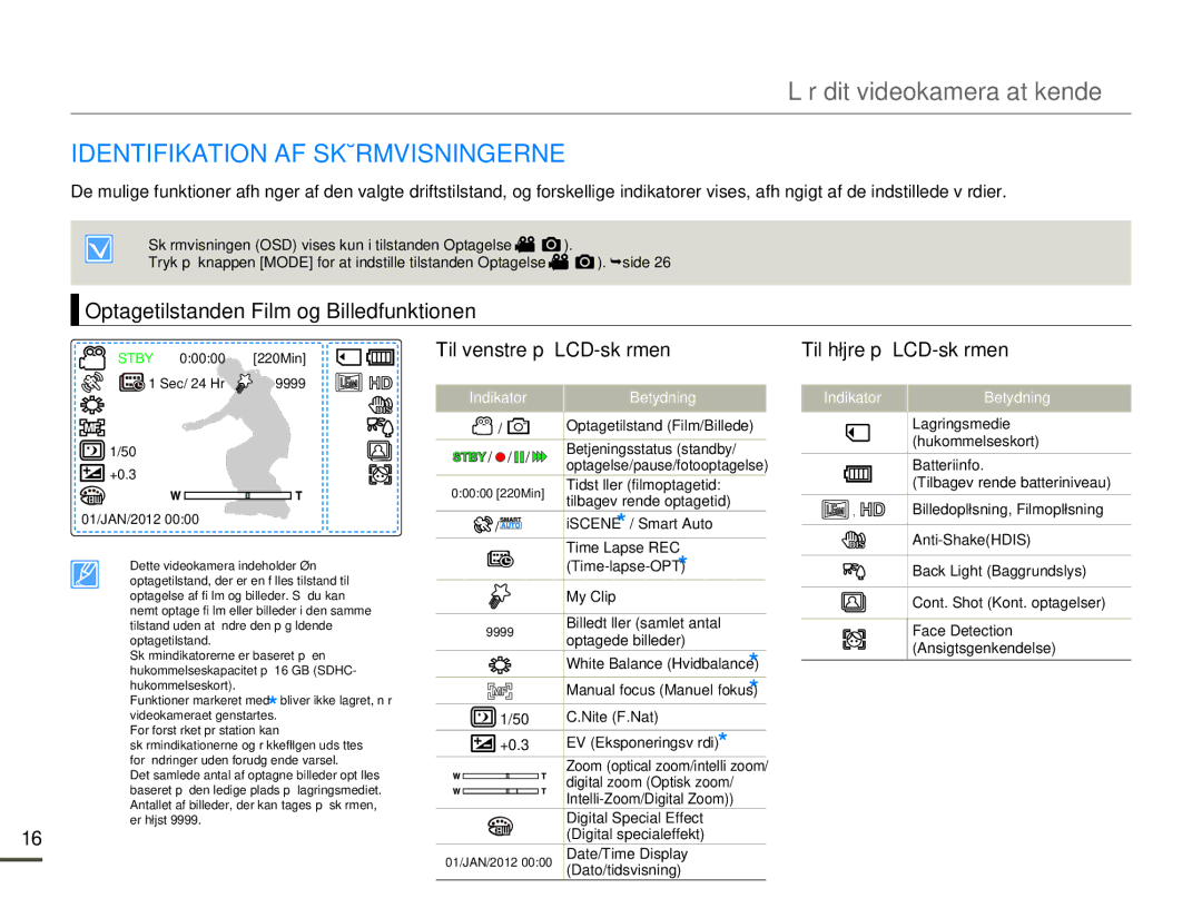 Samsung HMX-F80BP/EDC manual Identifikation AF Skærmvisningerne, Optagetilstanden Film og Billedfunktionen 