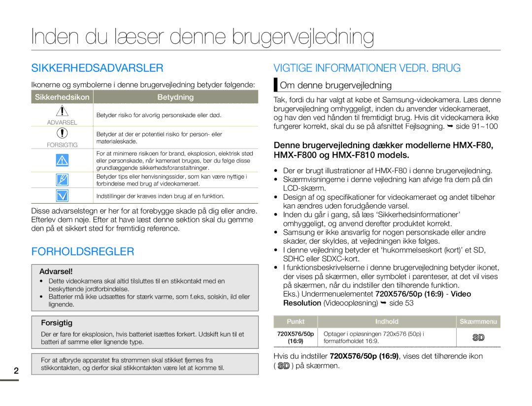 Samsung HMX-F80BP/EDC manual Inden du læser denne brugervejledning, Sikkerhedsadvarsler, Forholdsregler 