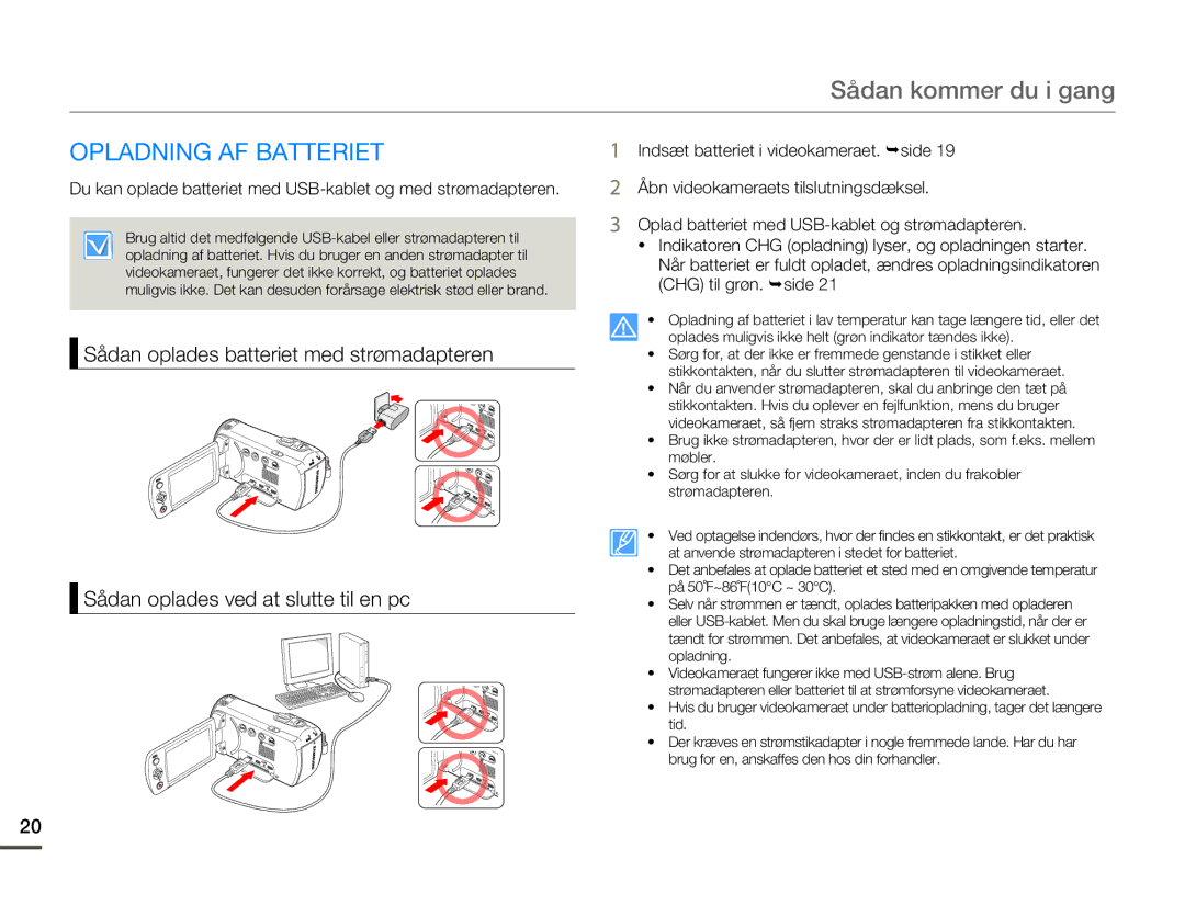 Samsung HMX-F80BP/EDC manual Sådan kommer du i gang, Opladning AF Batteriet 