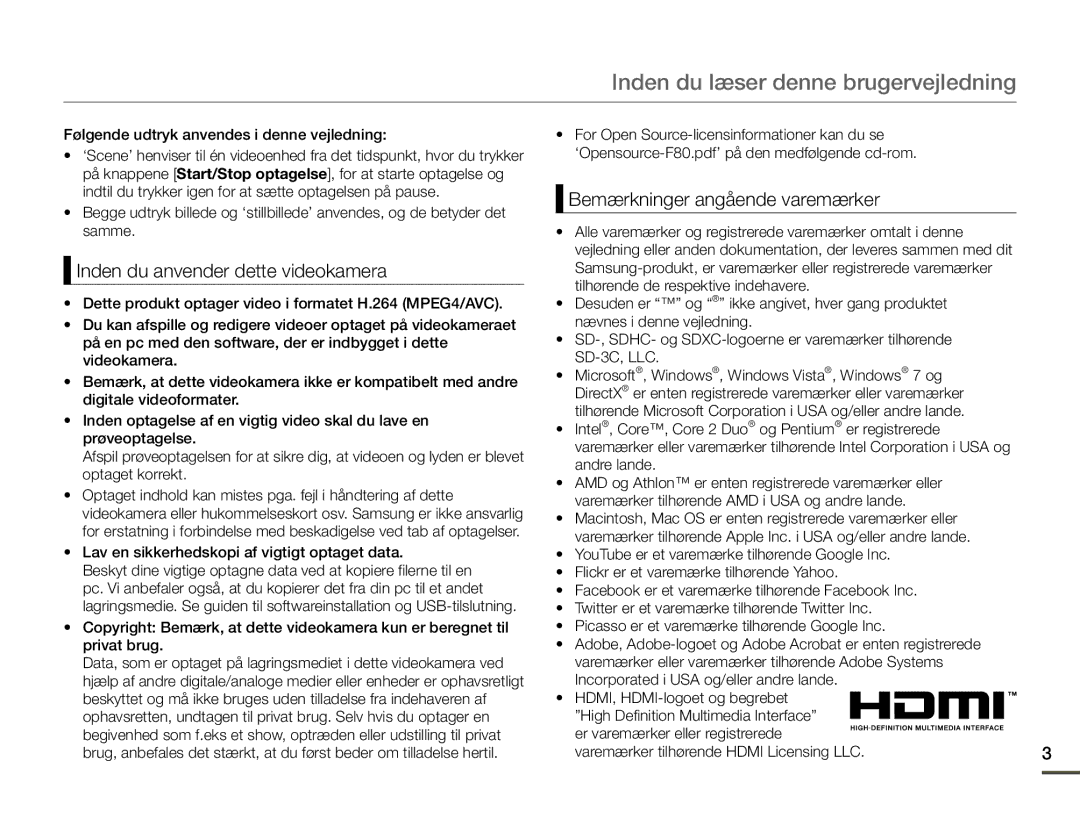 Samsung HMX-F80BP/EDC manual Inden du læser denne brugervejledning, Inden du anvender dette videokamera 