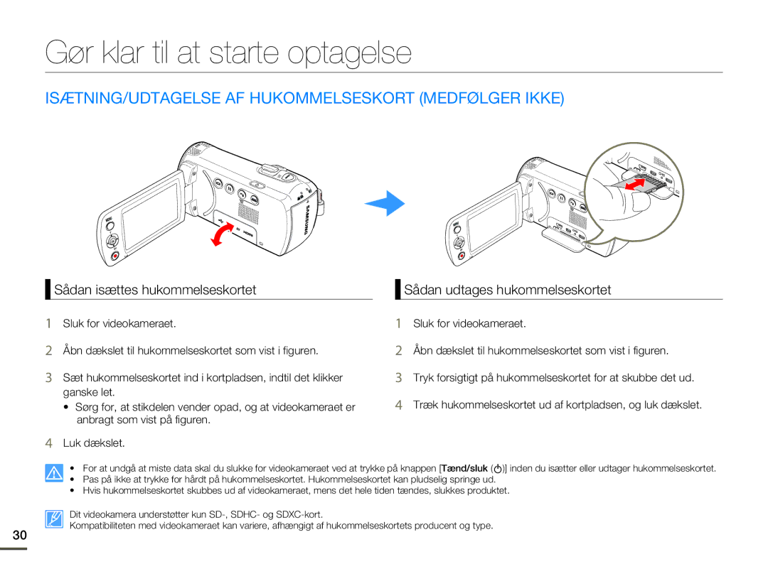 Samsung HMX-F80BP/EDC manual Gør klar til at starte optagelse, ISÆTNING/UDTAGELSE AF Hukommelseskort Medfølger Ikke 