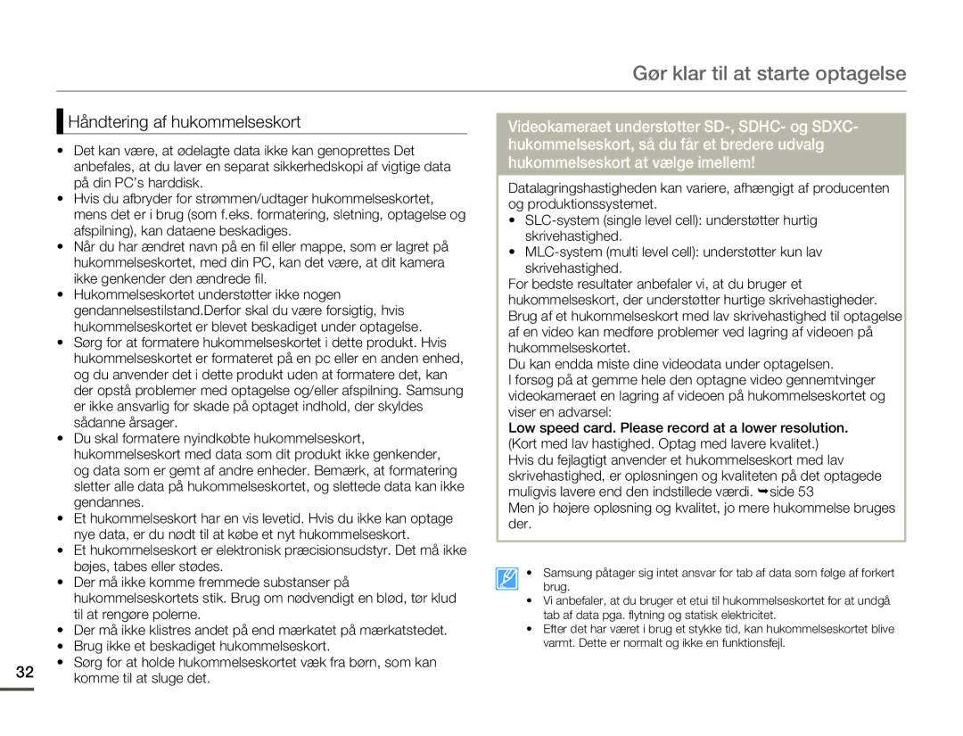 Samsung HMX-F80BP/EDC manual Håndtering af hukommelseskort 