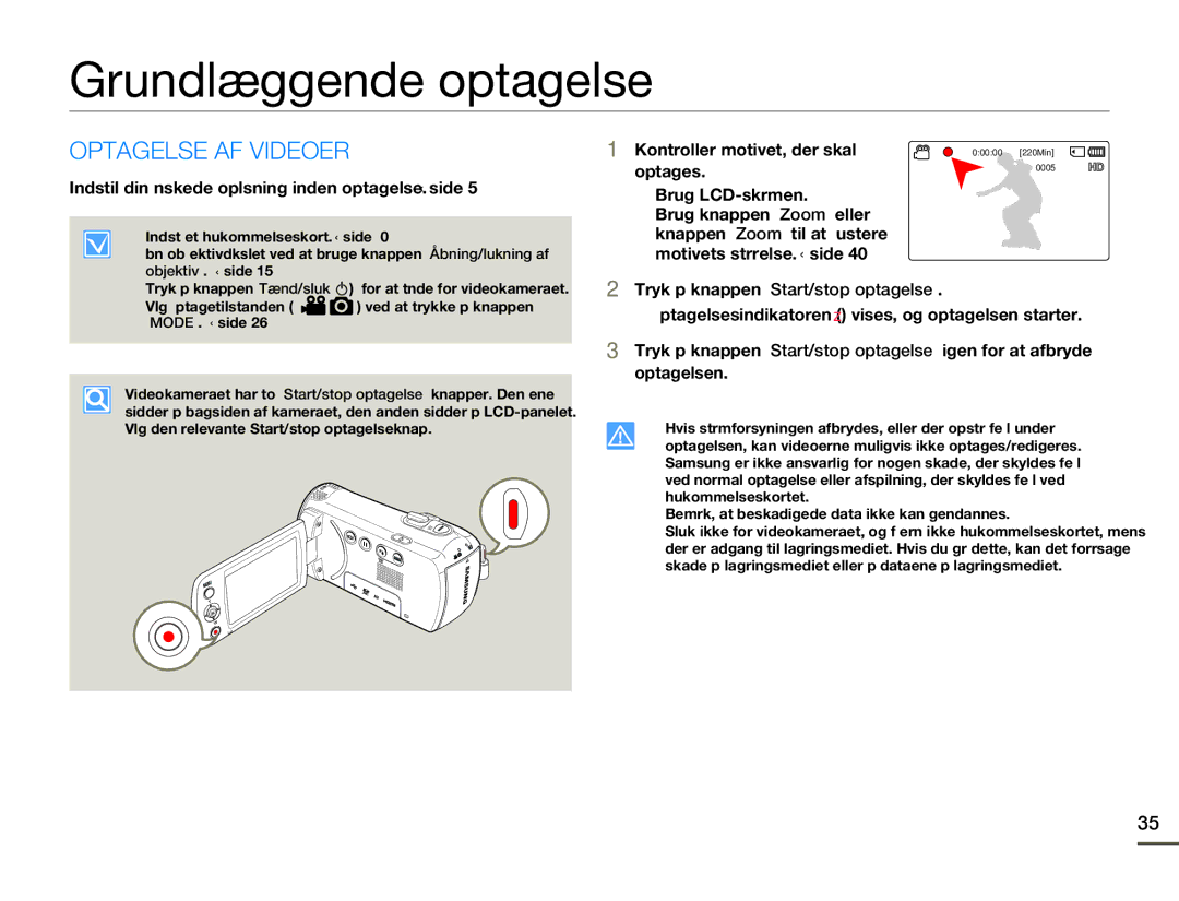 Samsung HMX-F80BP/EDC Grundlæggende optagelse, Optagelse AF Videoer, Indstil din ønskede opløsning inden optagelse. ¬side 