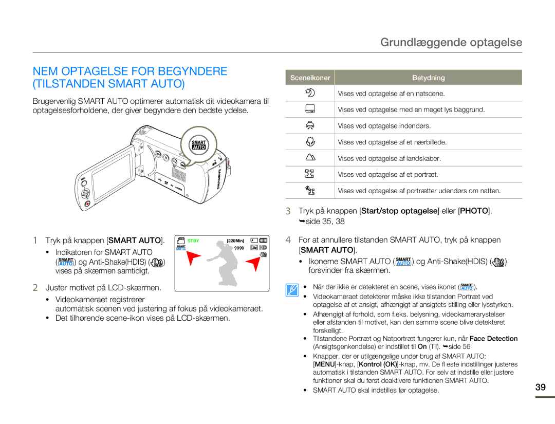 Samsung HMX-F80BP/EDC manual NEM Optagelse for Begyndere, Tilstanden Smart Auto, Tryk på knappen Smart Auto 