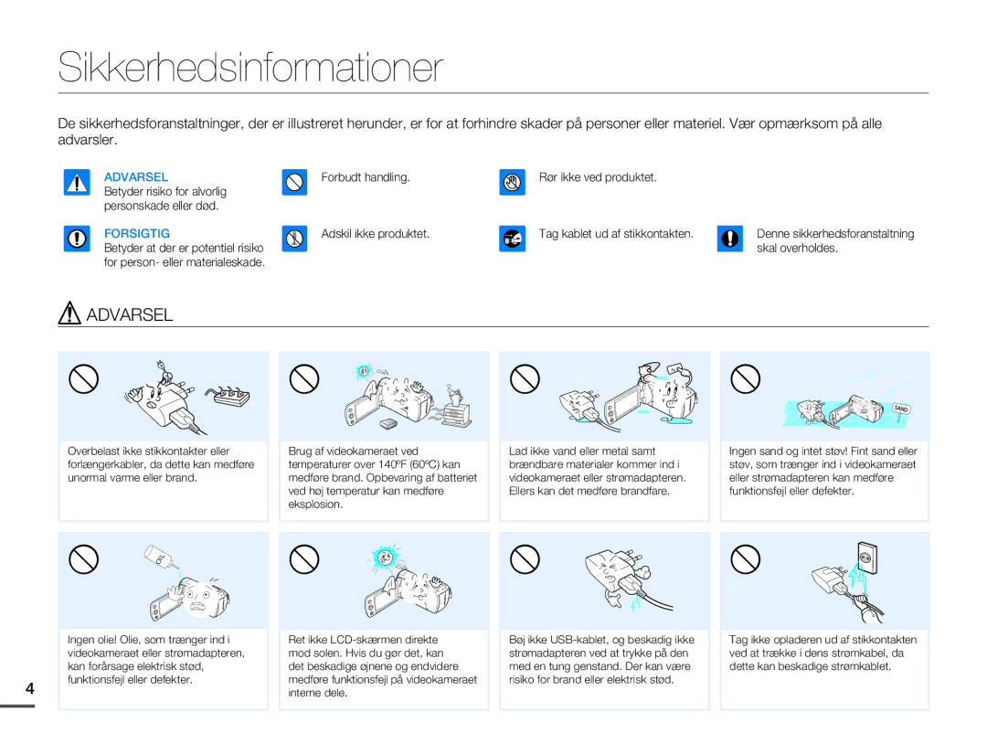 Samsung HMX-F80BP/EDC manual Sikkerhedsinformationer, Forsigtig 